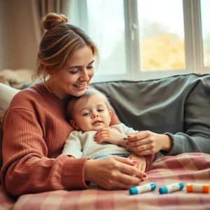 A mother caring for her sick child during flu season