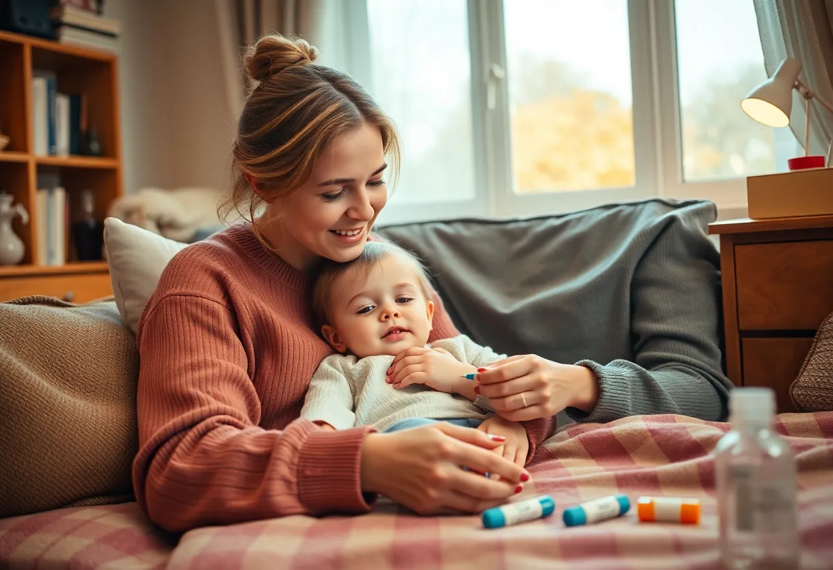 A mother caring for her sick child during flu season
