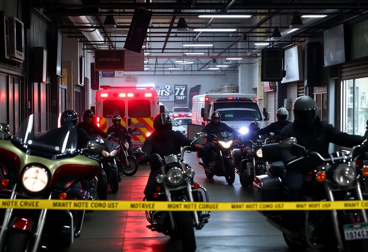 Scene of a motorcycle shop in Atlanta with police presence after a shooting incident.