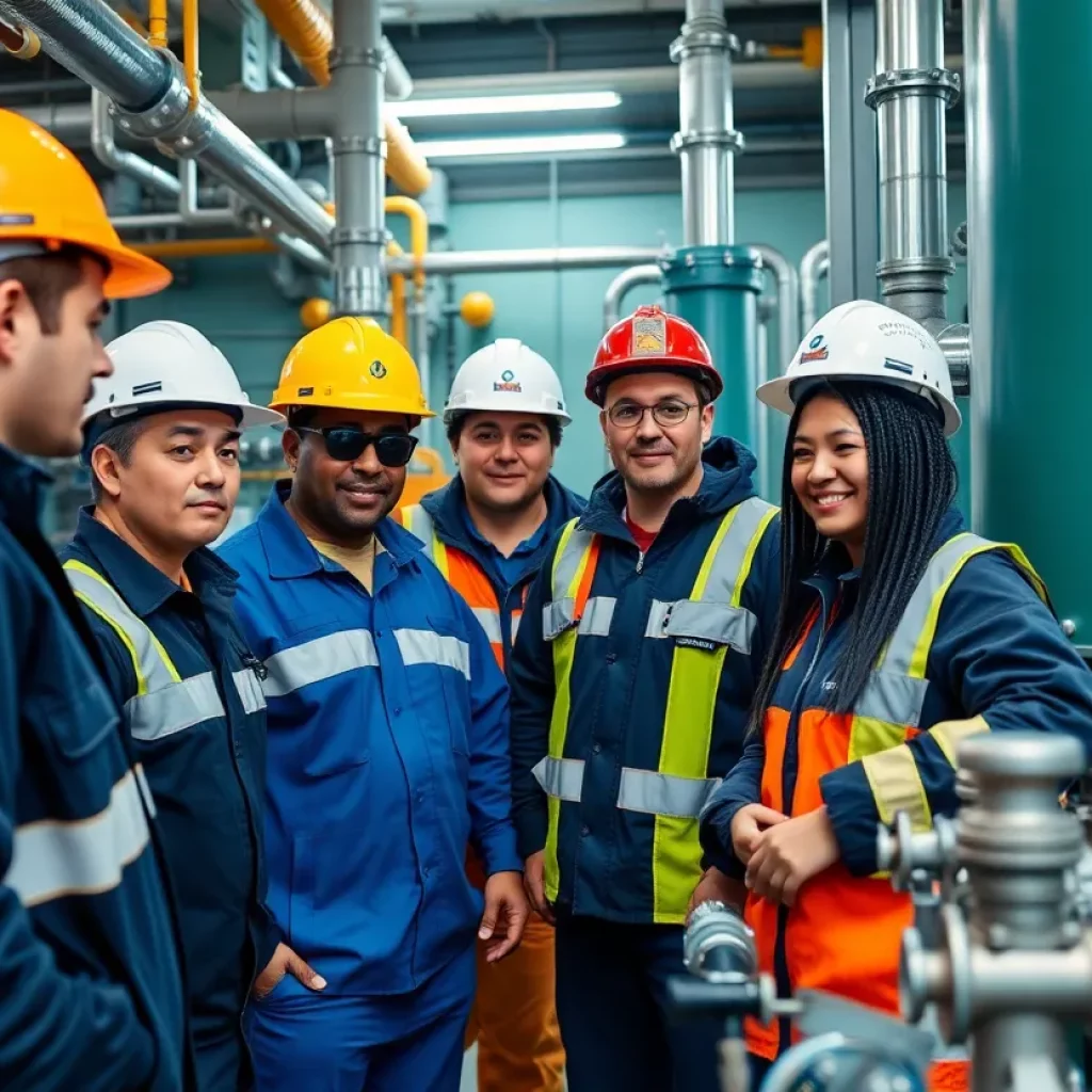 Technicians collaborating in a natural gas facility, focusing on safety procedures.