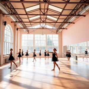 Interior of the new Neighborhood Ballet studio with dancers practicing