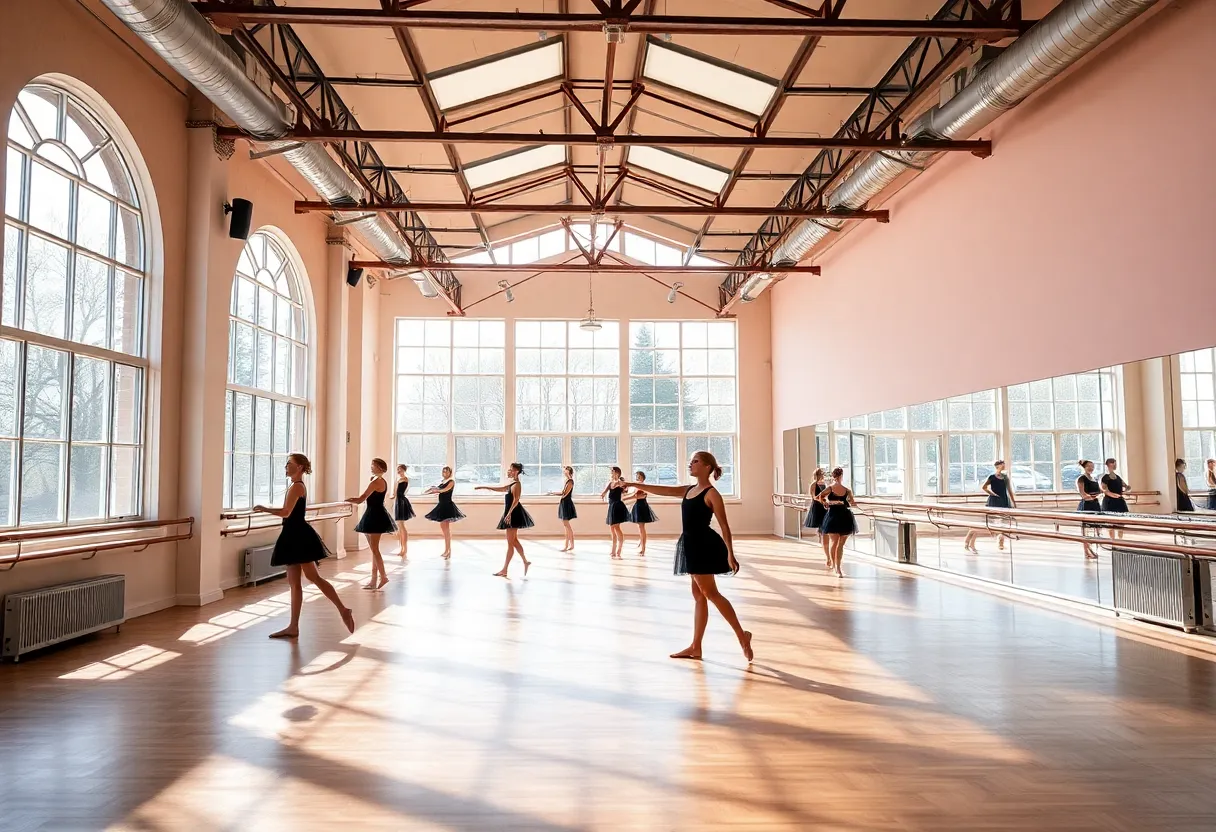 Interior of the new Neighborhood Ballet studio with dancers practicing