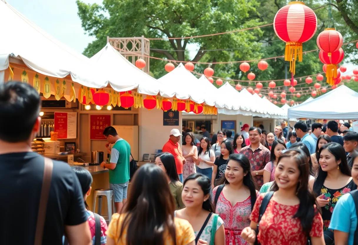 Crowd enjoying Panda Fest in Atlanta, featuring food stalls and cultural performances.