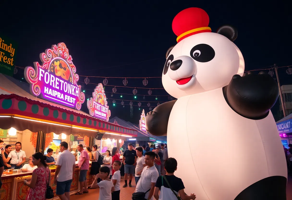 Panda Fest festival scene with food stalls and inflatable panda