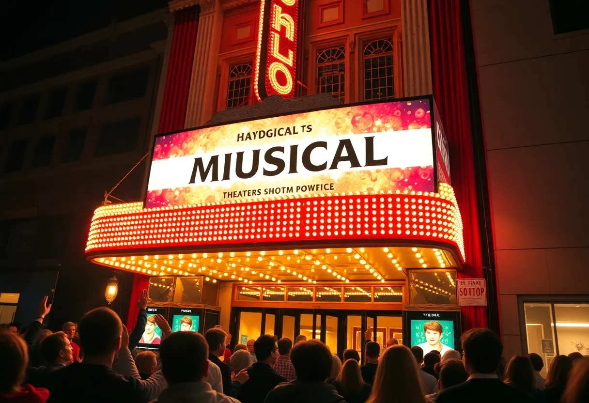 Marquee of Fox Theater featuring Parade musical with crowd