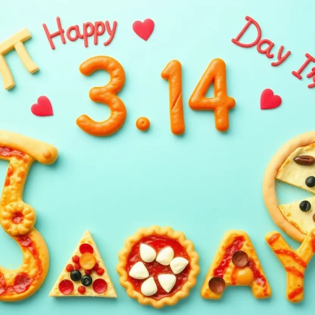 Various pizzas and pies celebrating Pi Day discounts