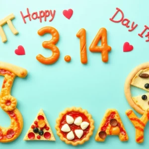 Various pizzas and pies celebrating Pi Day discounts