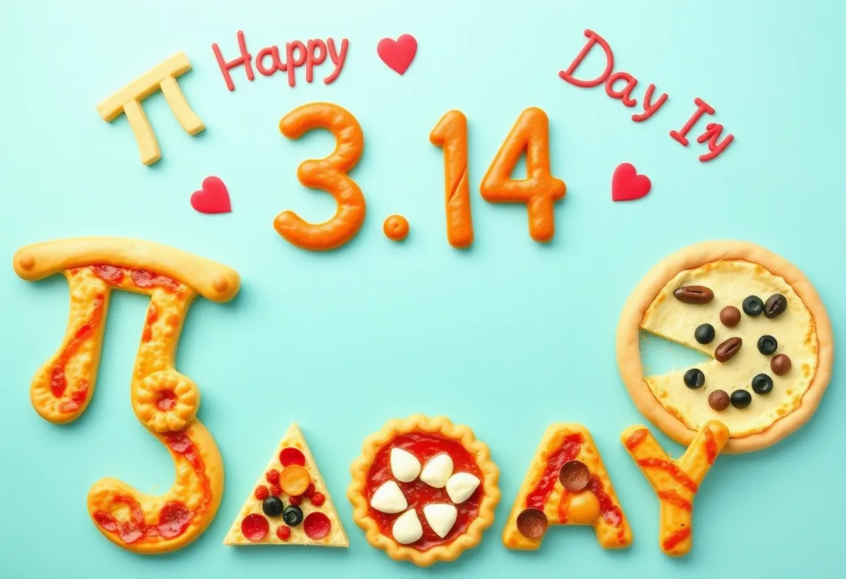 Various pizzas and pies celebrating Pi Day discounts