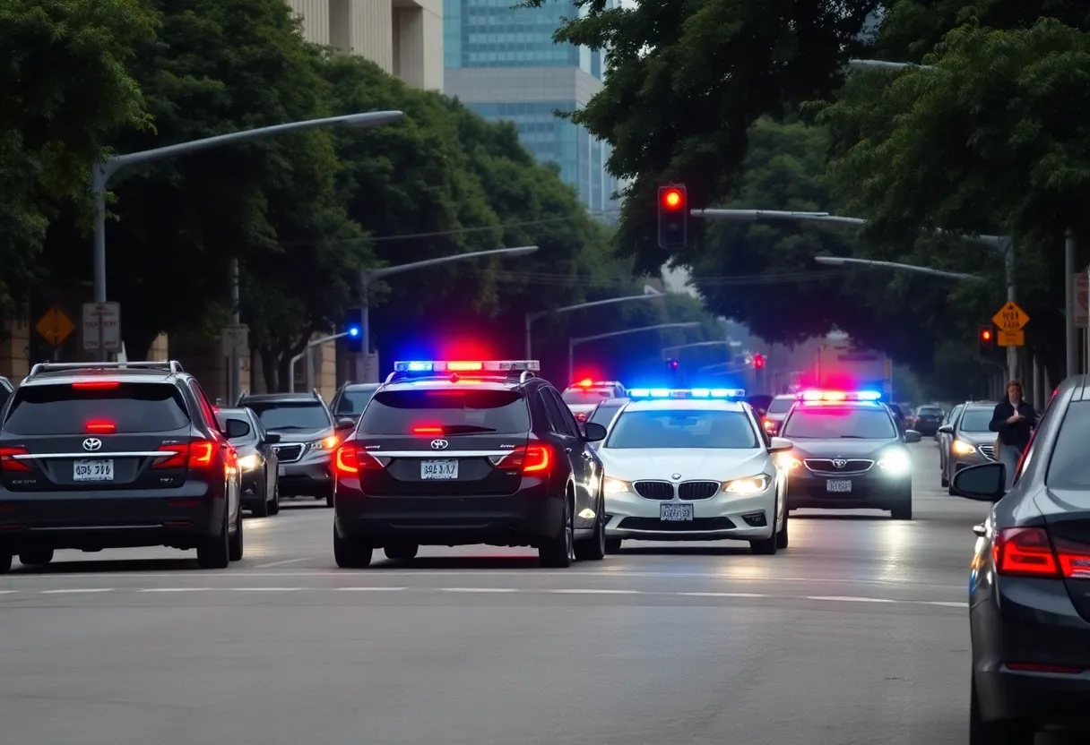 Police apprehending a fugitive in an urban Atlanta setting.