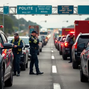 A police convoy at a traffic stop with officers inspecting vehicles