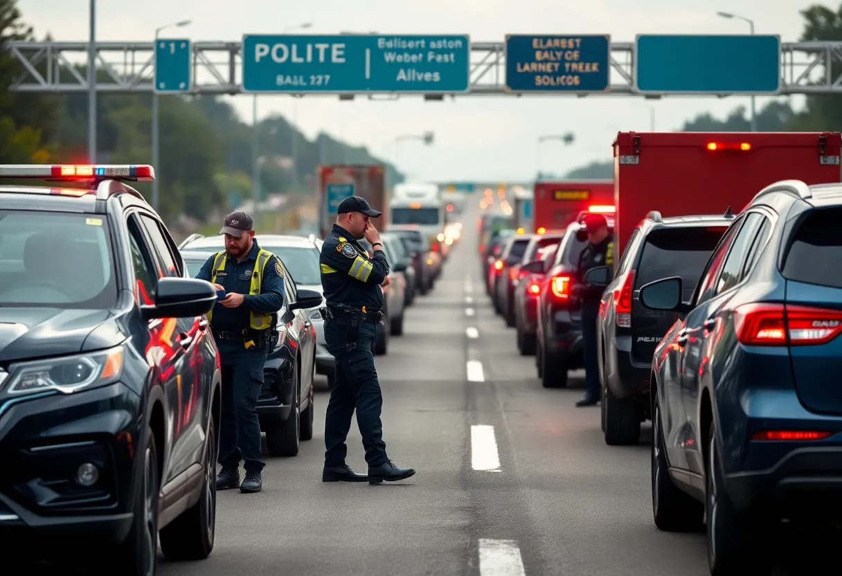 A police convoy at a traffic stop with officers inspecting vehicles