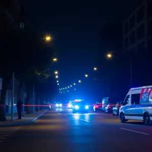 Police lights shining in a city street during nighttime