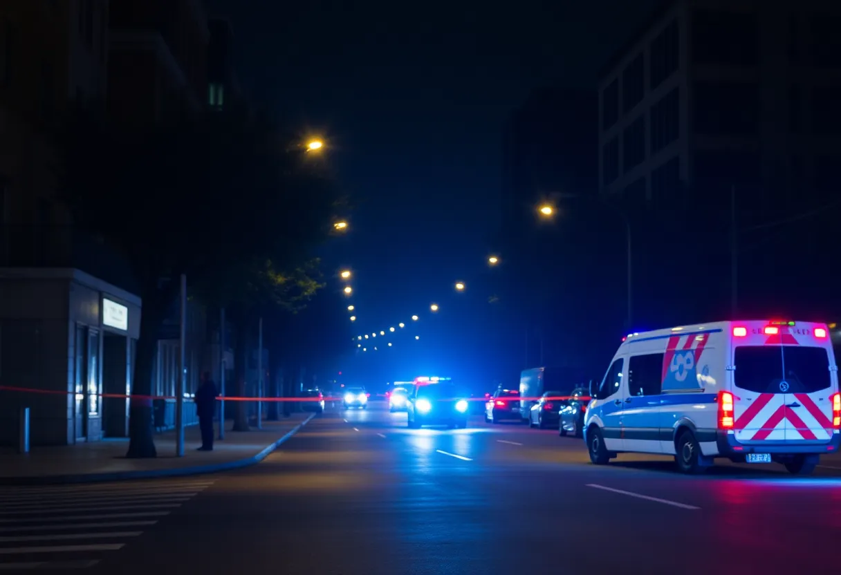 Police lights shining in a city street during nighttime