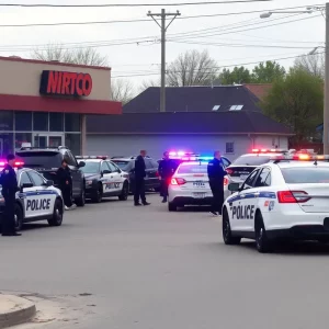 Police cars and emergency responders at the scene of a shooting outside an auto shop in Atlanta.