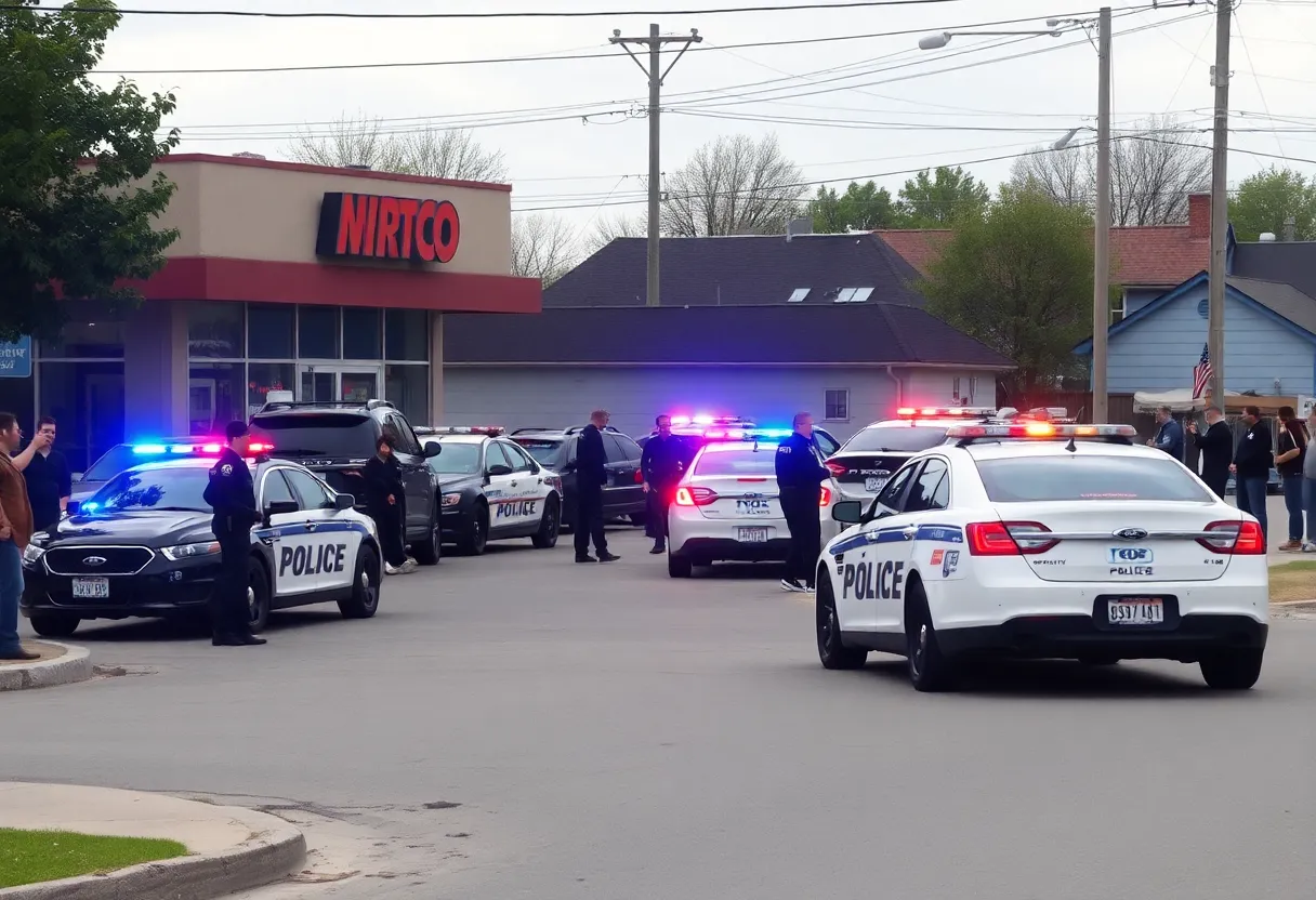 Police cars and emergency responders at the scene of a shooting outside an auto shop in Atlanta.
