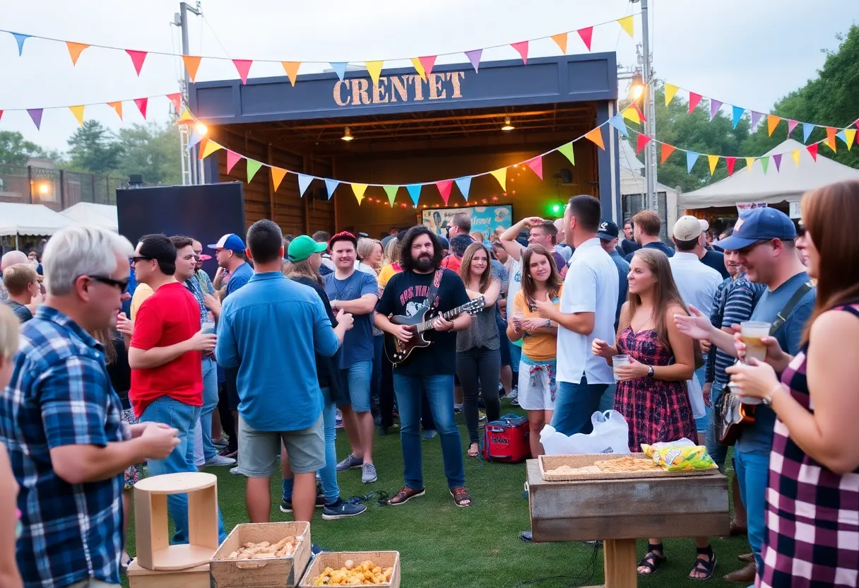Fans enjoying a tailgate party with food and music