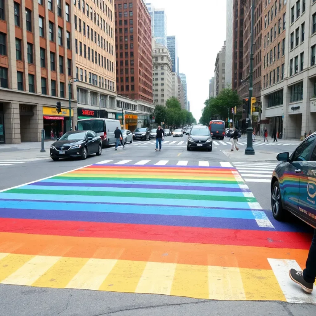 Rainbow crosswalks at a busy intersection in Midtown Atlanta.