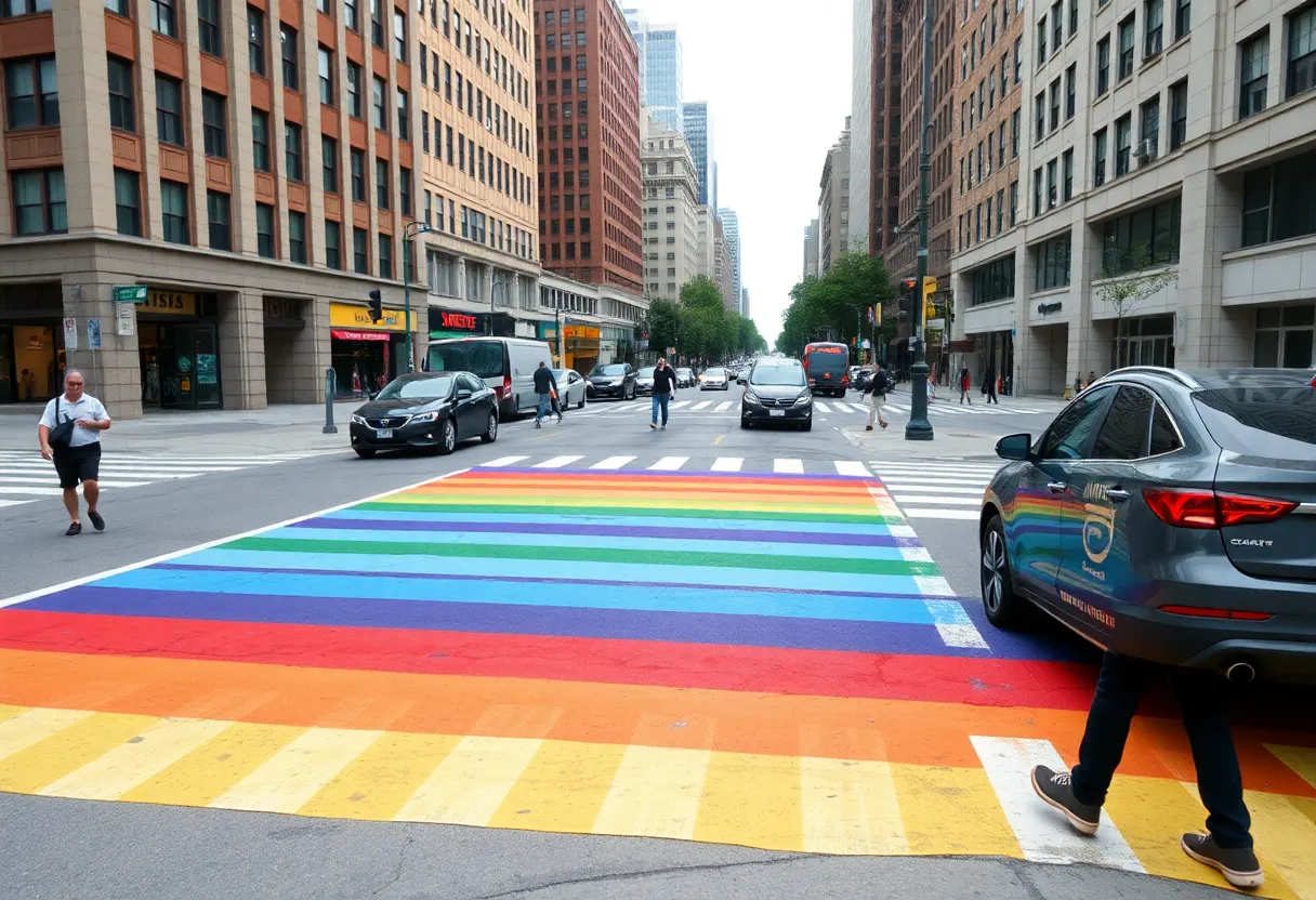 Rainbow crosswalks at a busy intersection in Midtown Atlanta.