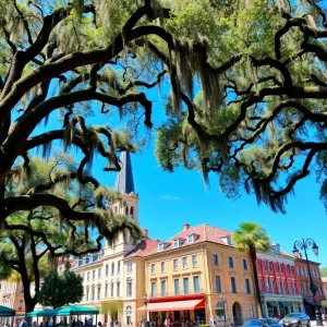Scenic view of Savannah's historic district with moss-draped oaks
