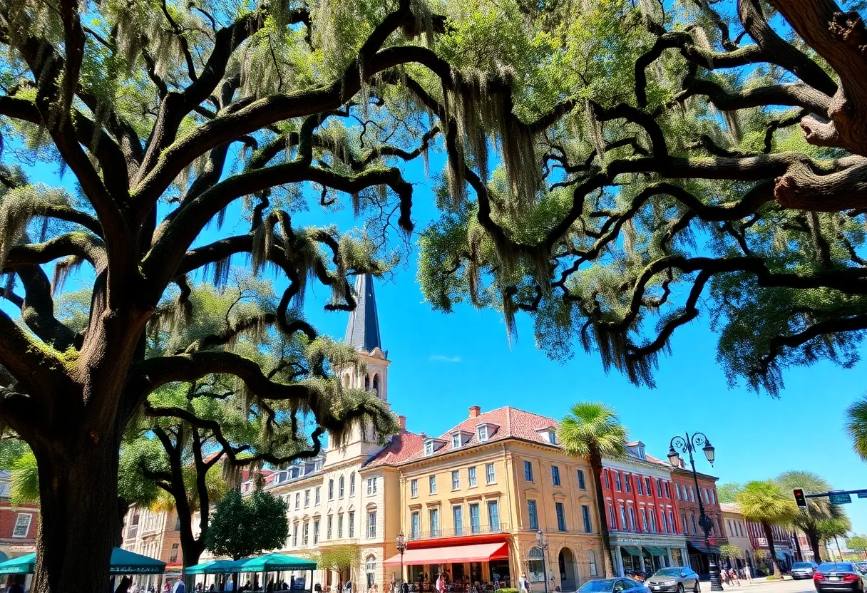 Scenic view of Savannah's historic district with moss-draped oaks