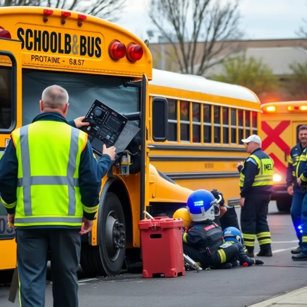 Emergency responders aiding in a school bus accident scene in Georgia.