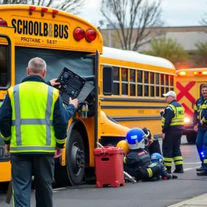 Emergency responders aiding in a school bus accident scene in Georgia.