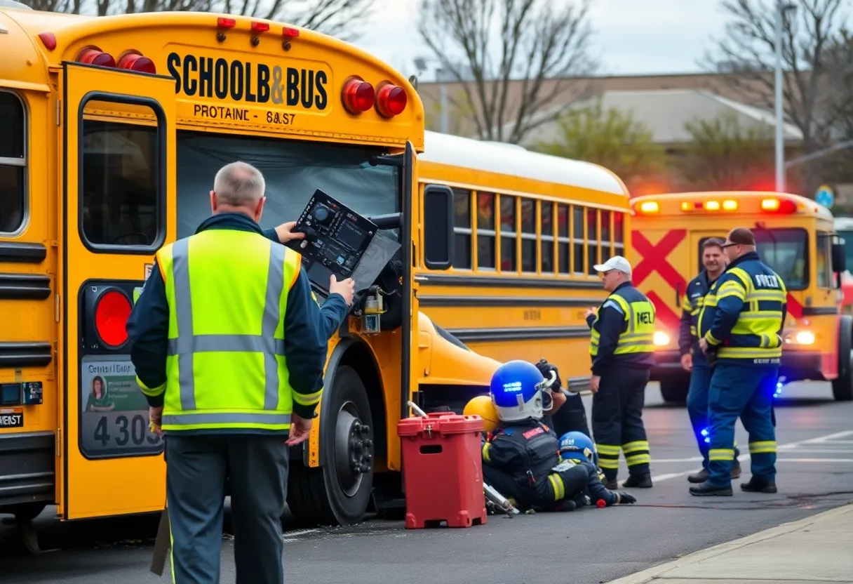 Emergency responders aiding in a school bus accident scene in Georgia.