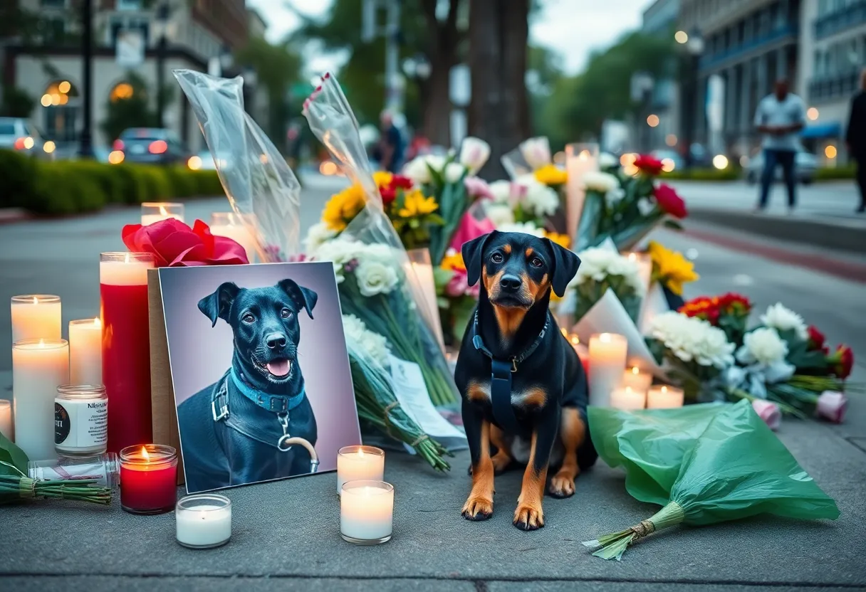 Memorial for a service dog with flowers and candles in Atlanta