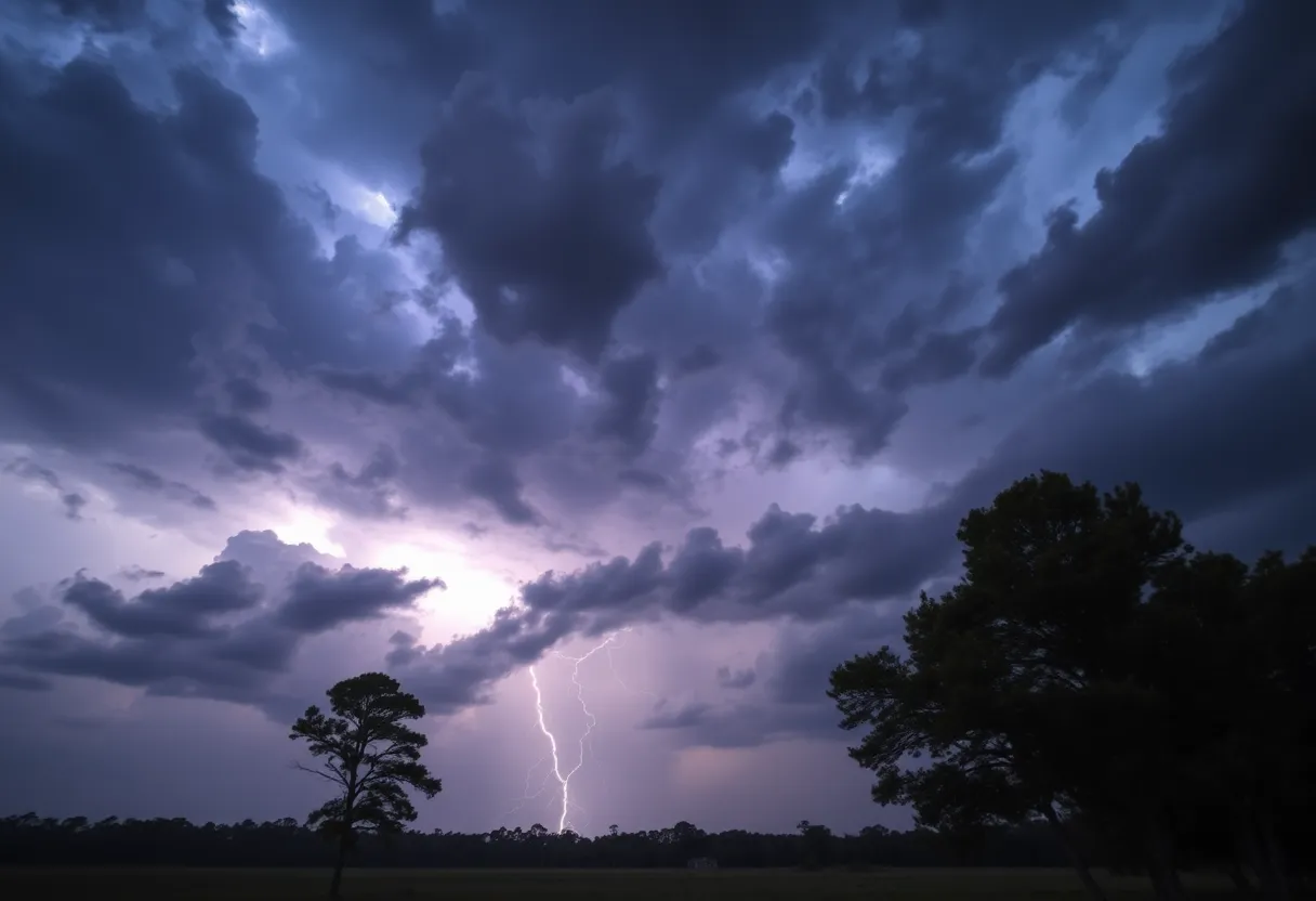 Dark storm clouds and lightning over Georgia landscape