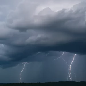 Storm clouds and lightning over western Georgia