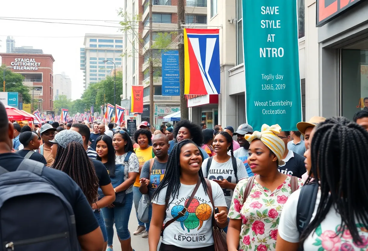 A diverse group of local residents and vendors engaged during an Atlanta community event.