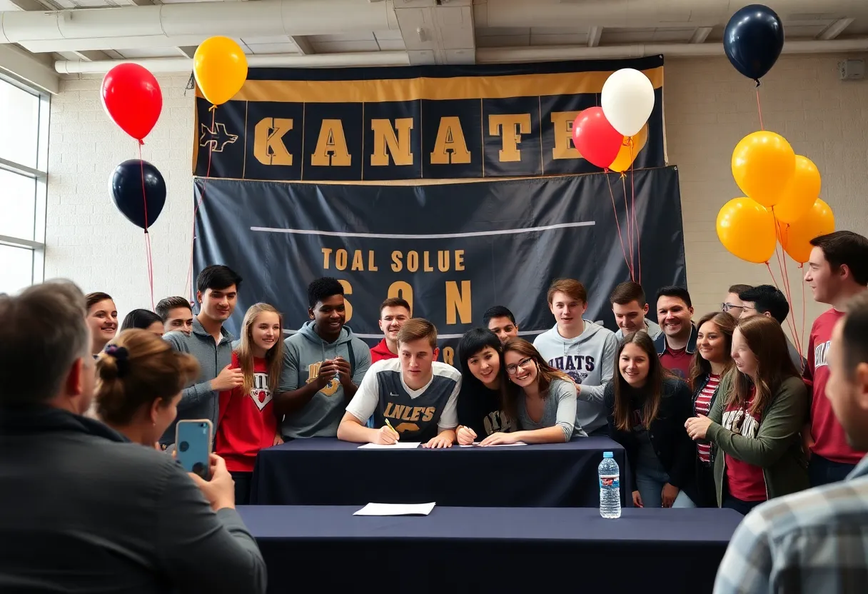 Celebration at a college sports signing ceremony with parents and coaches