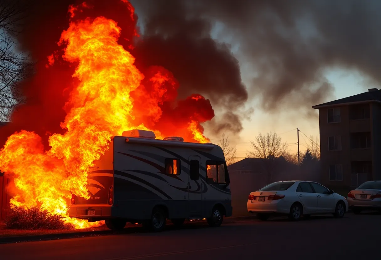 Fire engulfing an RV and spreading to surrounding cars and an apartment building in Southeast Atlanta.
