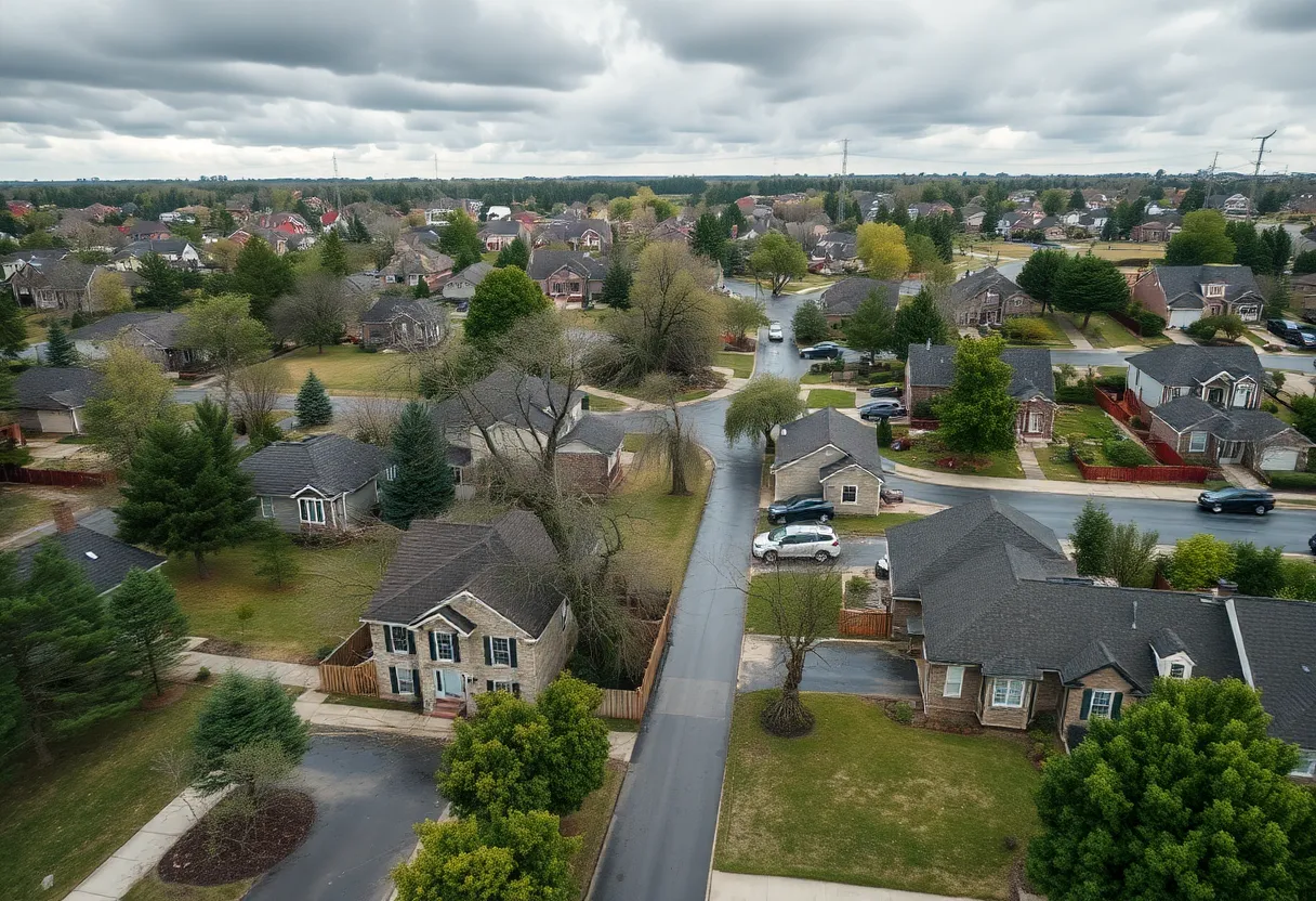 Aerial view of storm damage in suburban Atlanta