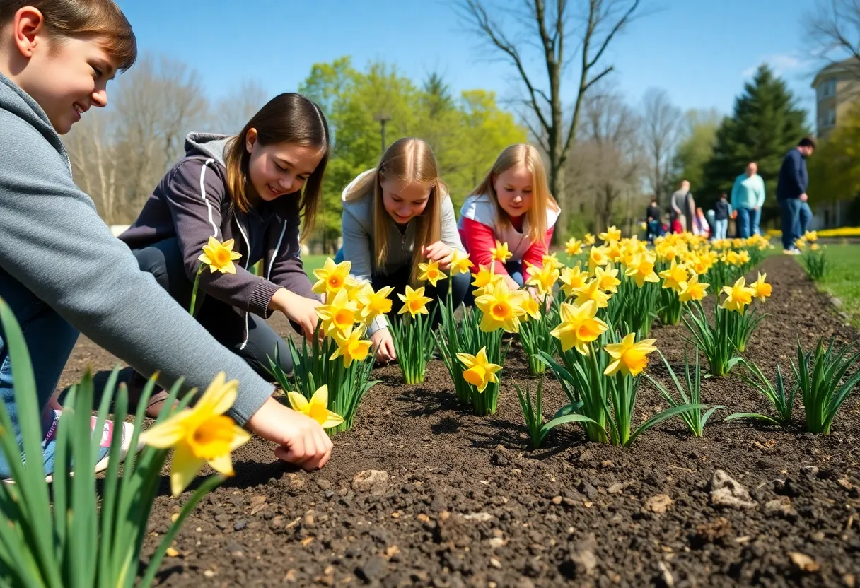 Students engaged in planting daffodils as part of a memorial project