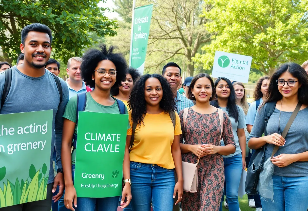 Diverse individuals engaging in sustainability activities at a community event.