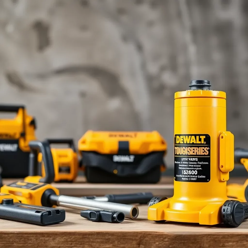 DEWALT TOUGHSERIES Construction Jack displayed among various construction tools