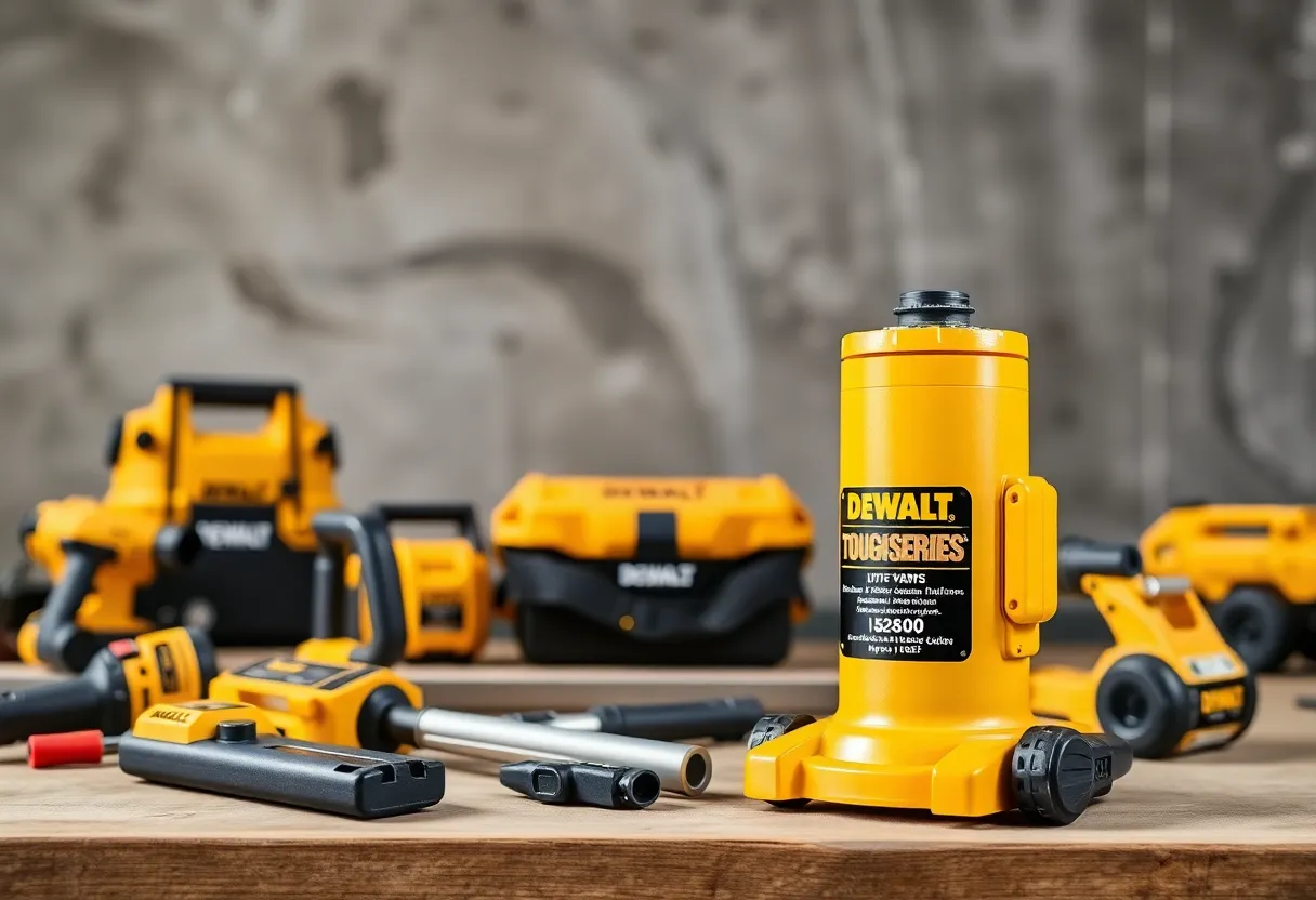 DEWALT TOUGHSERIES Construction Jack displayed among various construction tools