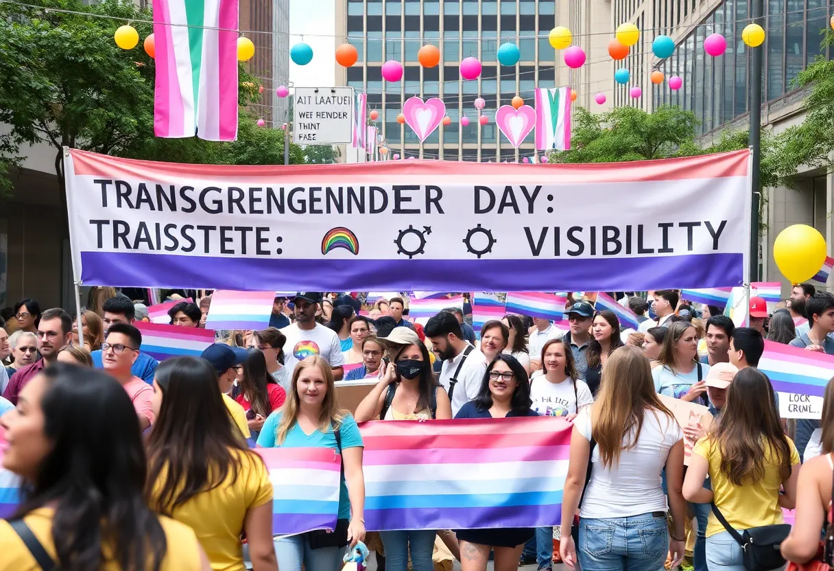 Celebration of Transgender Day of Visibility in Atlanta with diverse community members and decorations