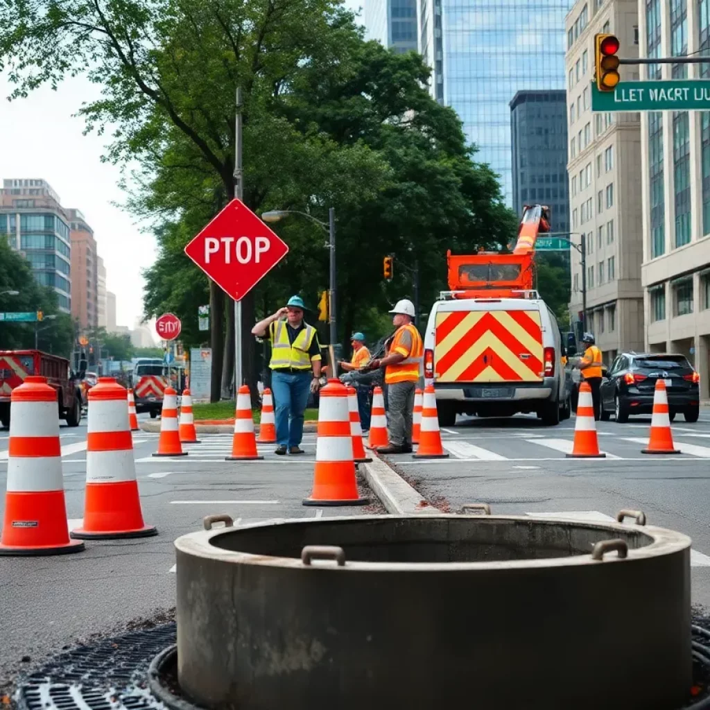 Construction crews repairing a water main in Buckhead, Atlanta.