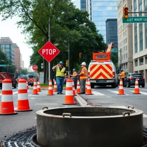 Construction crews repairing a water main in Buckhead, Atlanta.