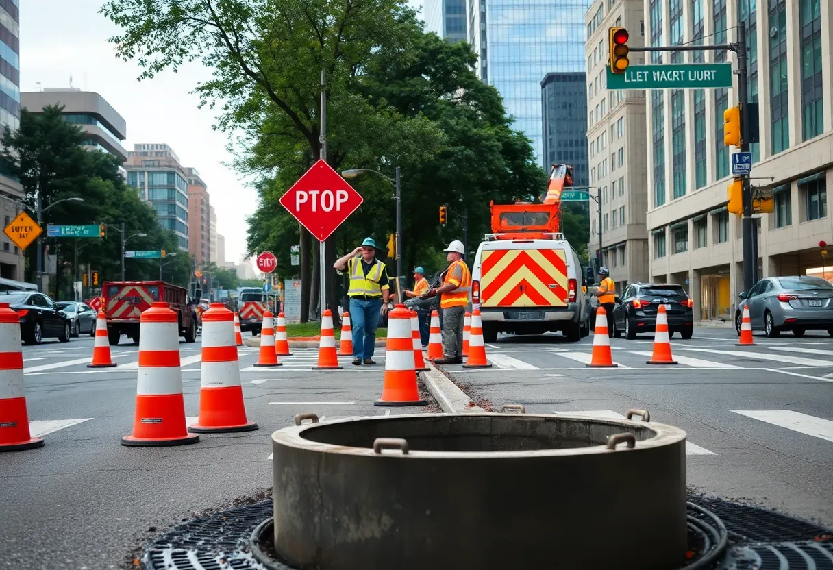 Construction crews repairing a water main in Buckhead, Atlanta.