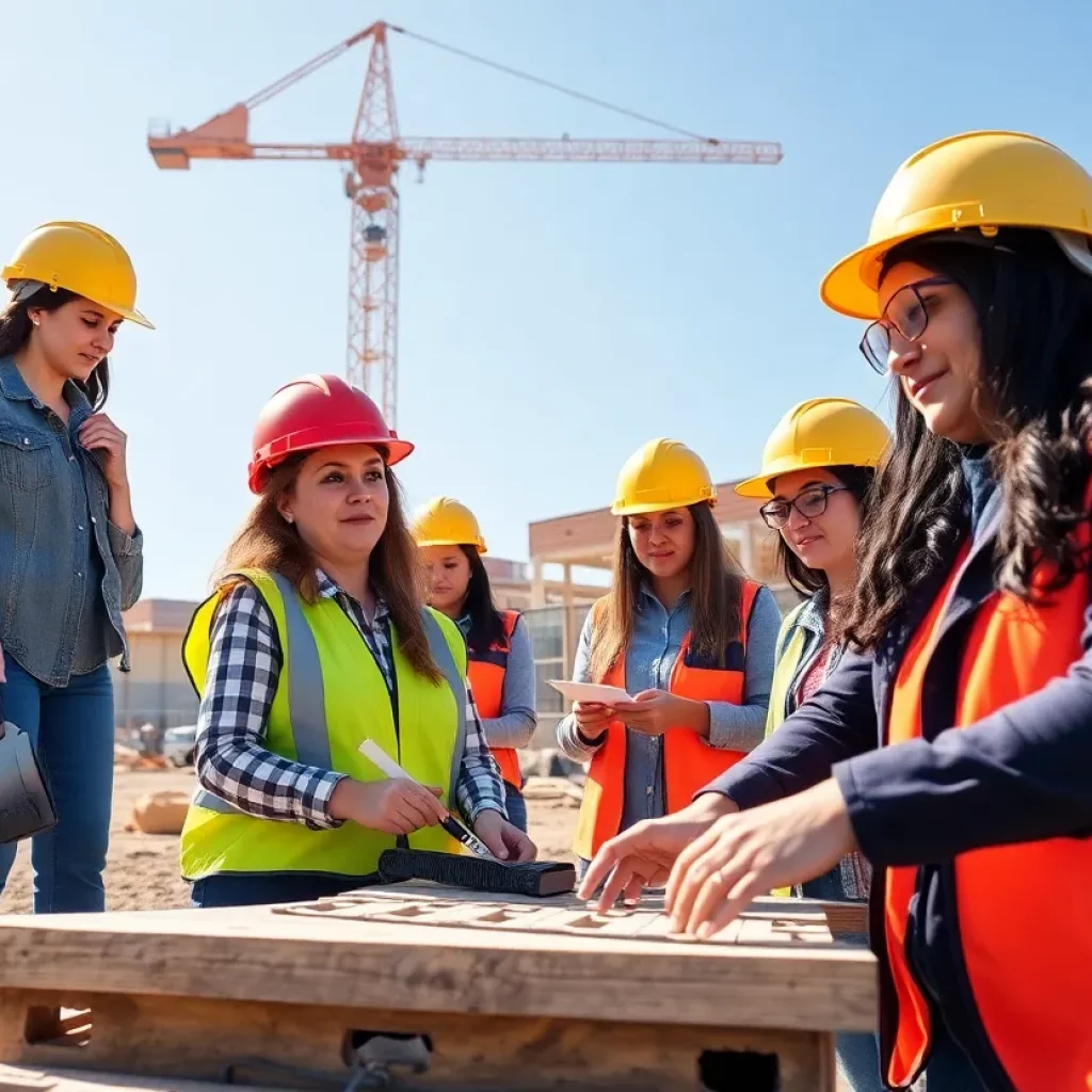 Diverse women in hard hats collaborating on a construction site