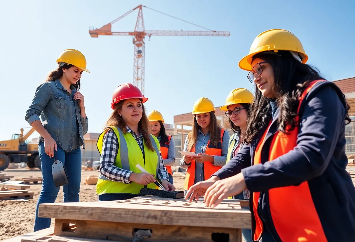 Diverse women in hard hats collaborating on a construction site