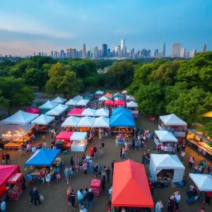 Aerial view of a festival celebrating 404 Day with colorful tents and people in a city park.