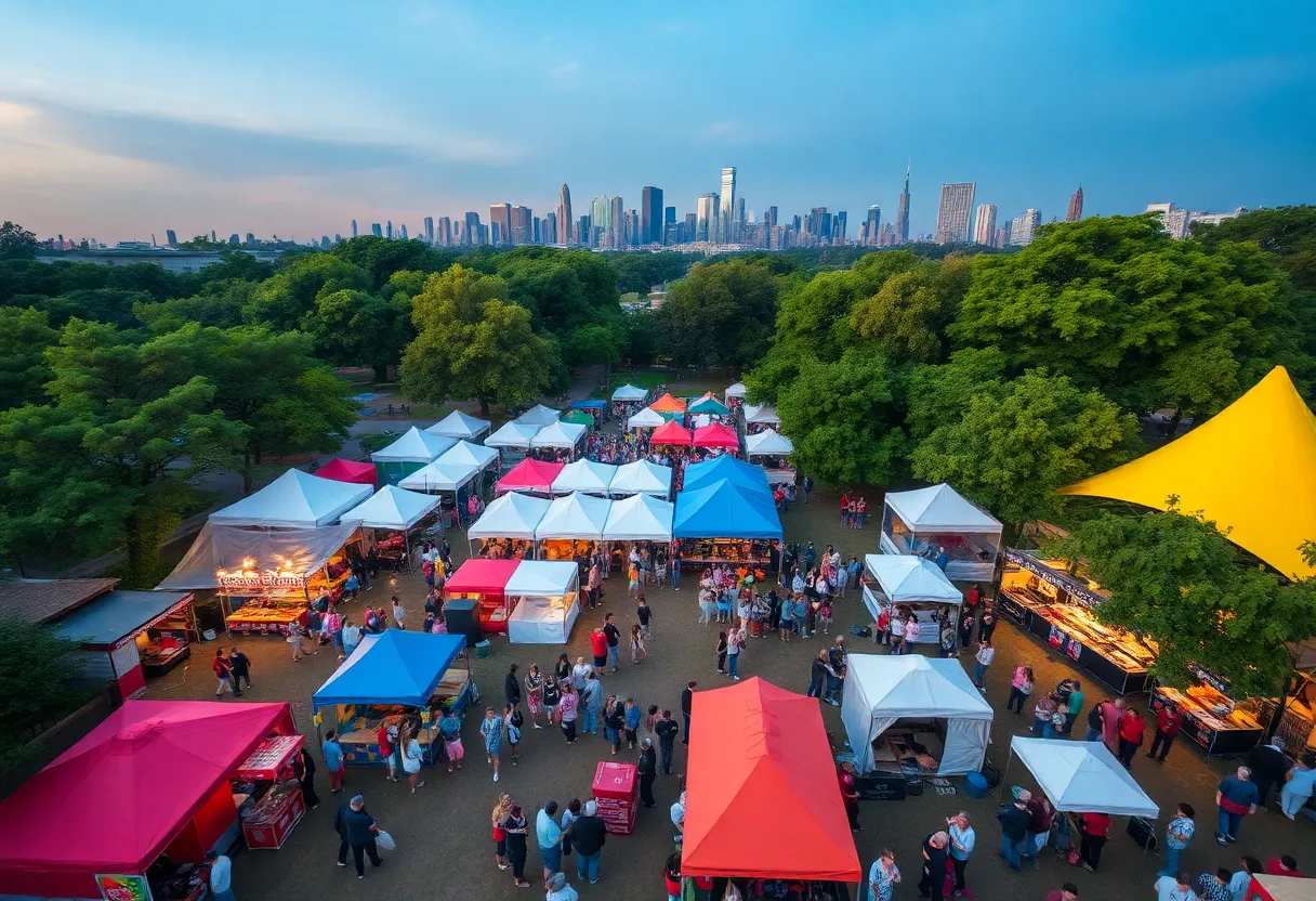 Aerial view of a festival celebrating 404 Day with colorful tents and people in a city park.
