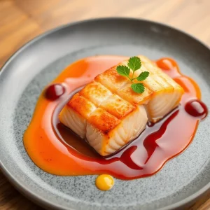 Visually stunning poached salmon dish with geometric sauces