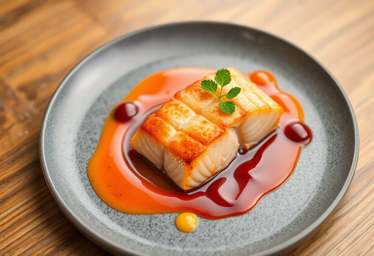 Visually stunning poached salmon dish with geometric sauces