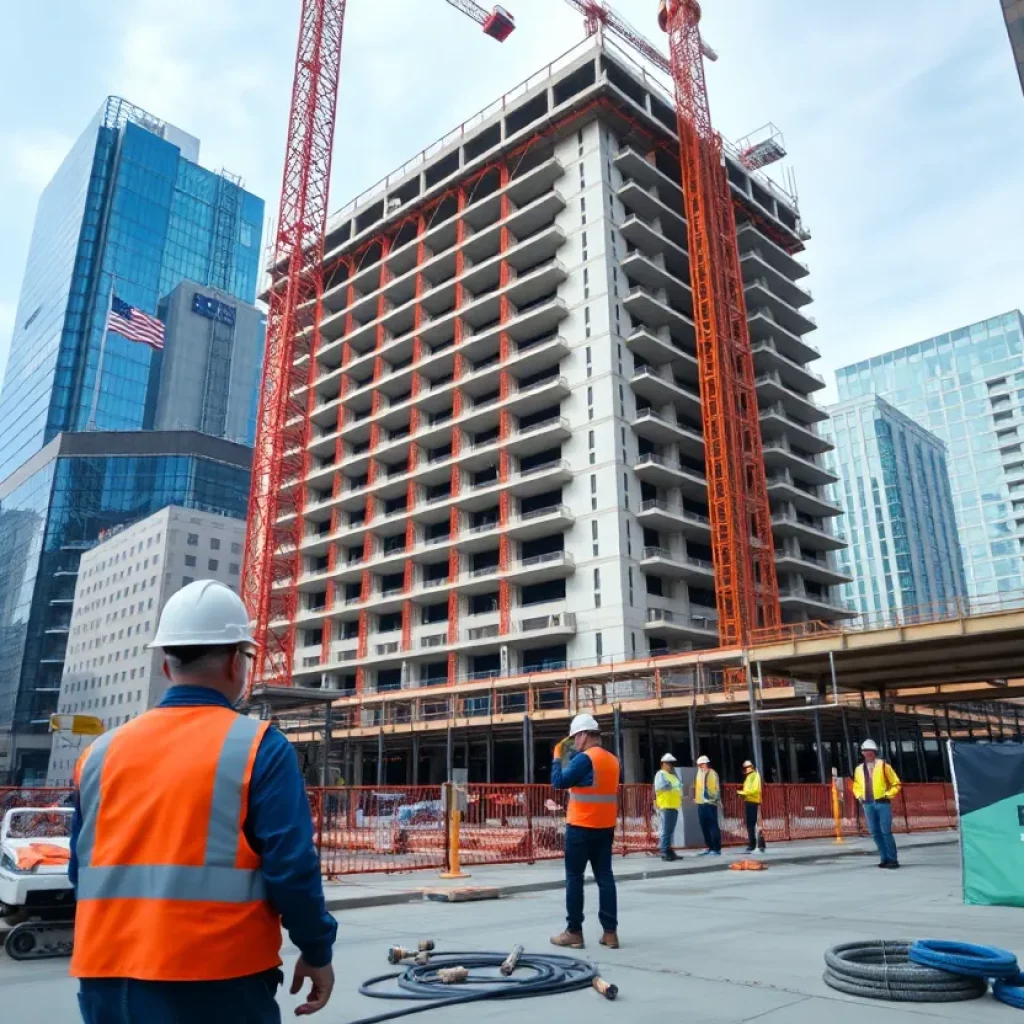 Construction workers on site with safety gear and equipment visible.