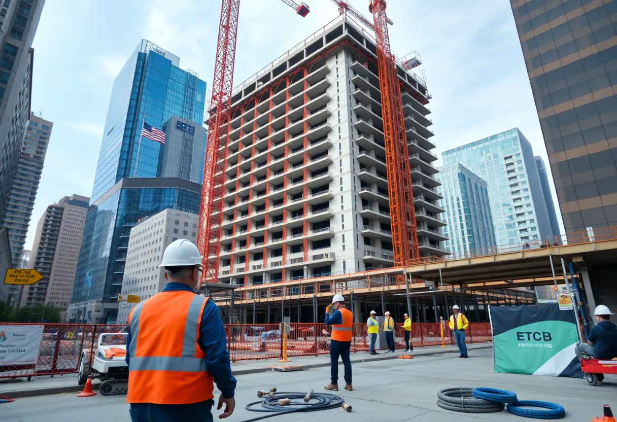 Construction workers on site with safety gear and equipment visible.